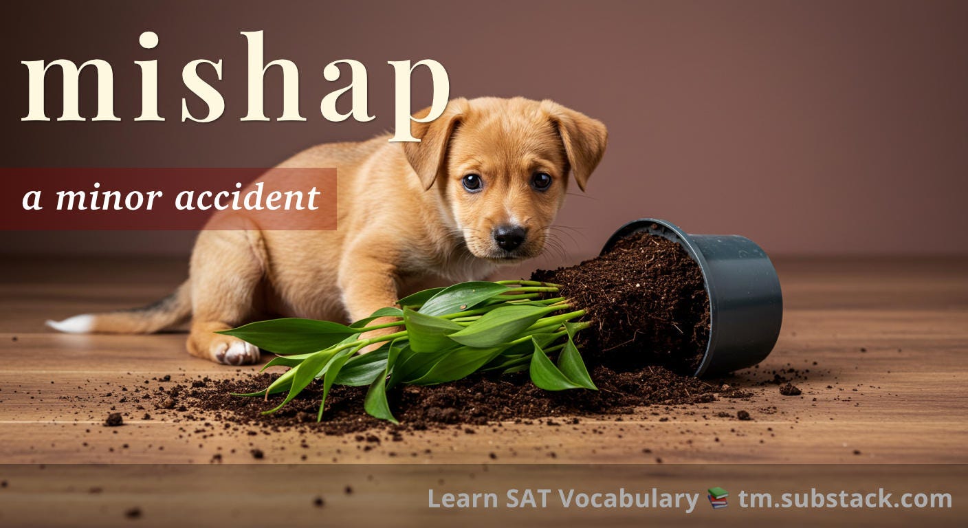 Illustration of a puppy accidentally knocking over a plant with soil spilling; used to illustrate the SAT word 'mishap'.