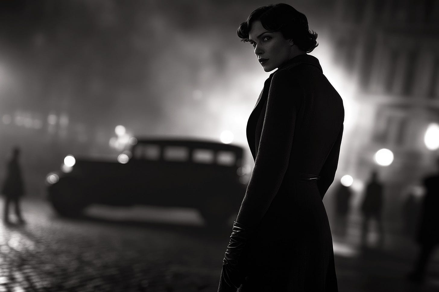Film noir image of lady in trench coat on a film noir street with 1940s style car in background