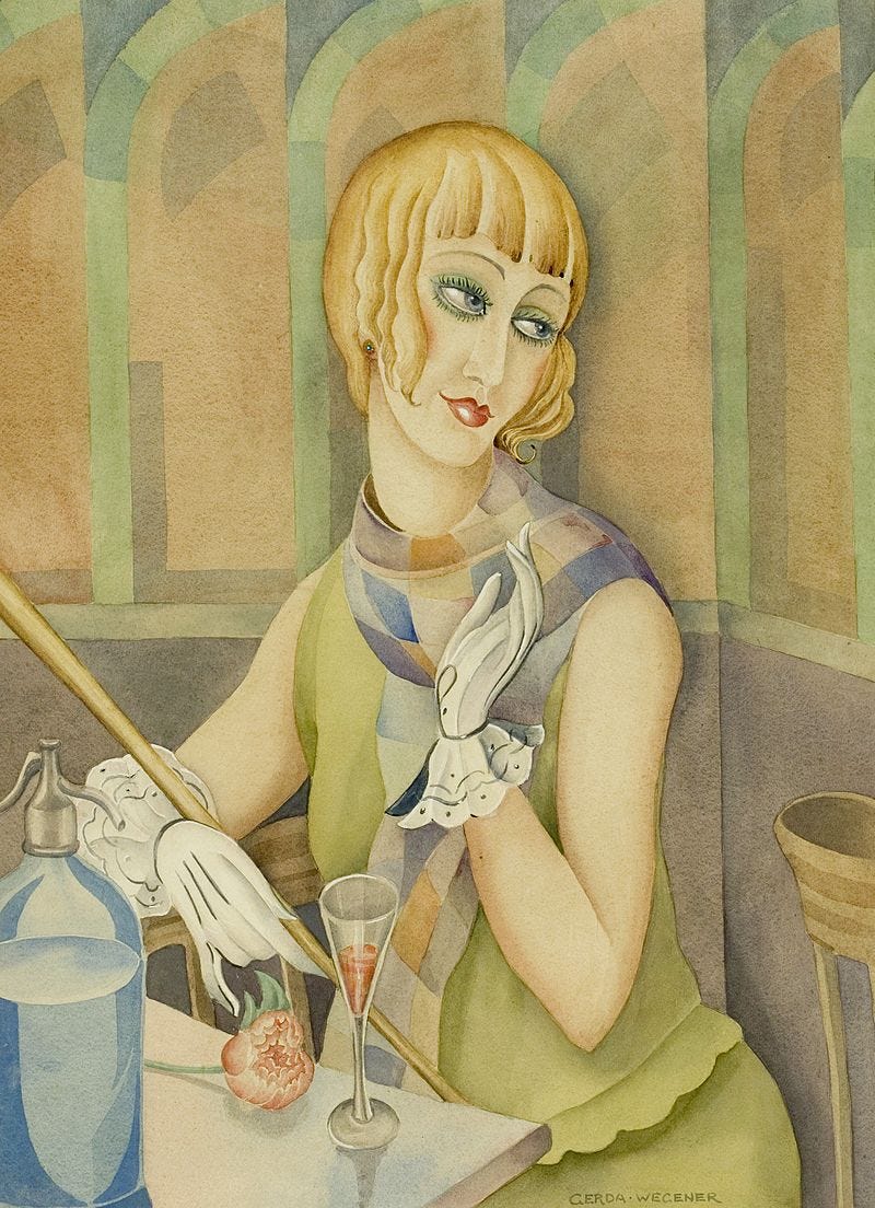 Watercolor painting of a woman with blonde hair, wearing a flapper dress sitting at a table with a glass of champagne.