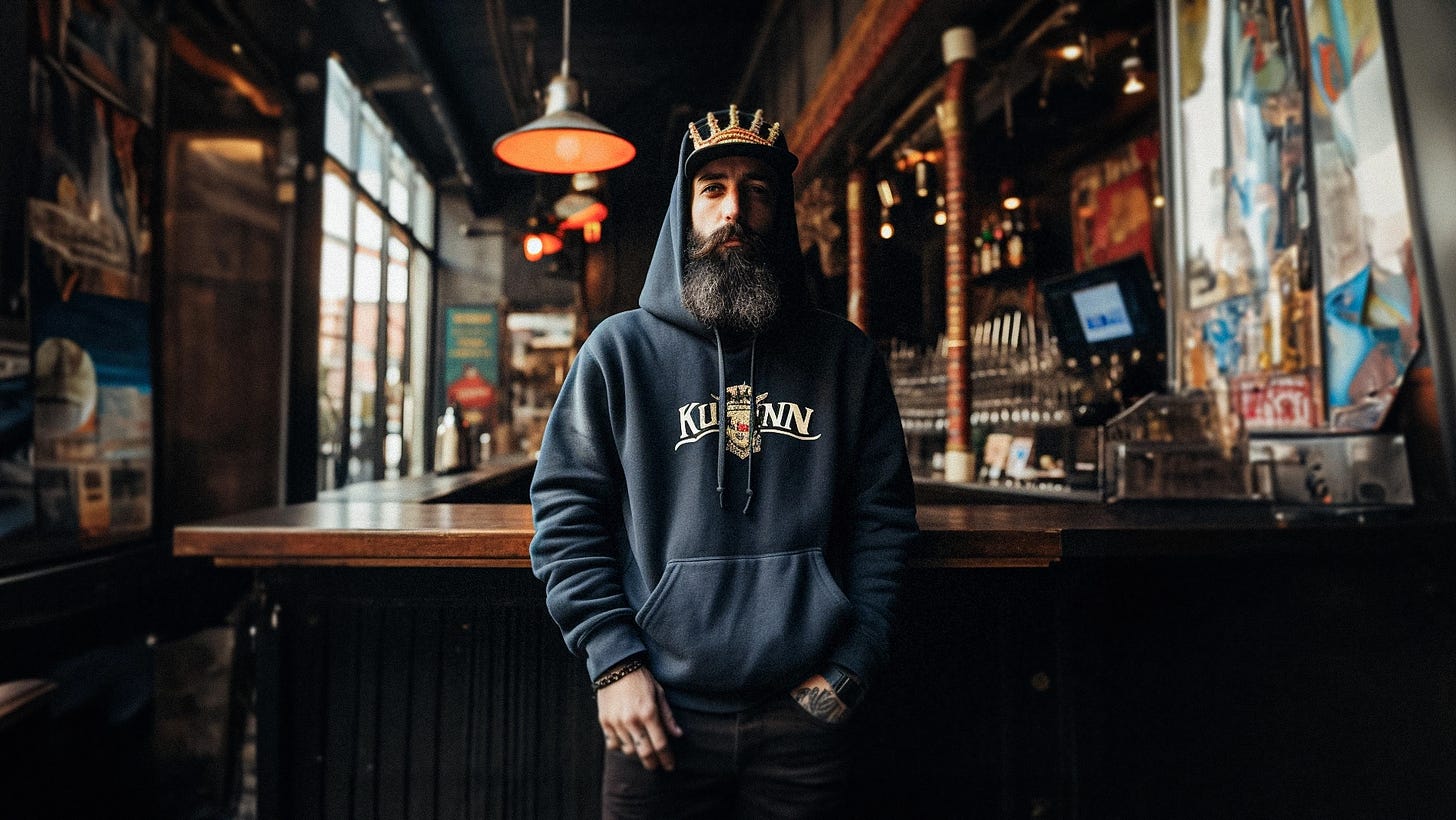A contemporary Alexander The Great if Alexander the Great owned the best Brewery this side of Chicago, He wears a Navy Heavyweight Hoodie and An Embroidered baseball cap with a Crown Patch on top. He Stands in front of a bar that he owns and operates.
