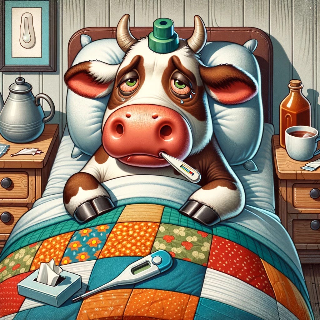 A humorous illustration of a sick cow lying in a bed, looking unwell. The cow has a thermometer in its mouth, a hot water bottle on its head, and is covered with a colorful quilt. The room has a cozy feel, with a nightstand holding a cup of tea and tissues. The style is cartoonish and friendly, with exaggerated features on the cow to emphasize its illness, such as droopy eyes and a sad expression.