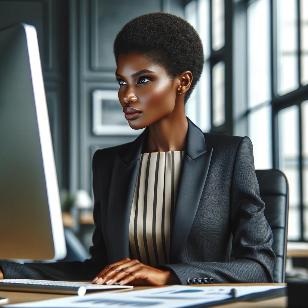Depict a Black female accountant with short hair, who embodies leadership and professionalism, working intently at her computer in an upscale office. She has a commanding presence, her short hairstyle adding to her distinct and powerful appearance. She is wearing a chic, professional outfit that signifies her important role within the company. Looking up from her screen, she exudes confidence and determination, qualities that mark her as a pivotal figure in her field. The office around her is elegant and modern, with clear indications of her success and influence. This portrayal aims to celebrate strength, diversity, and leadership in the business world.