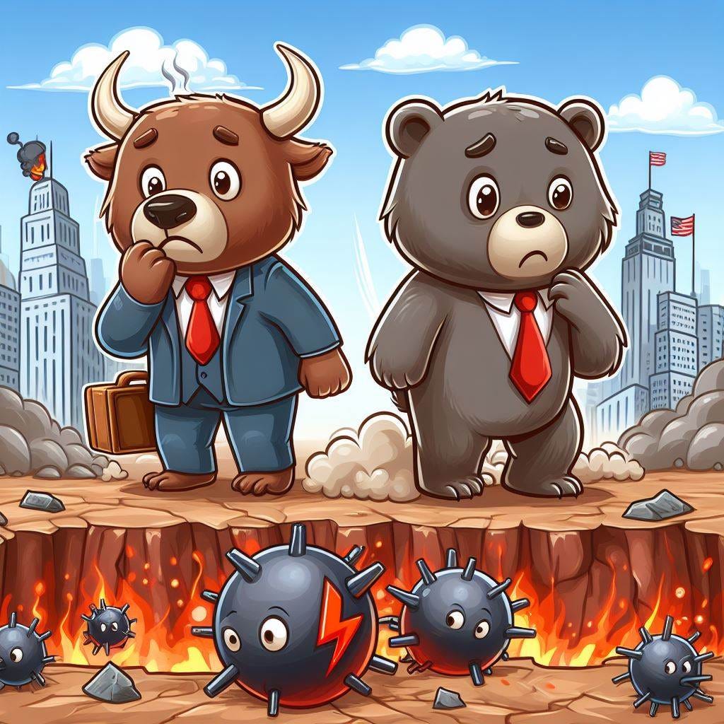 Stock bulls bears cartoon walking on the minefield and are scared