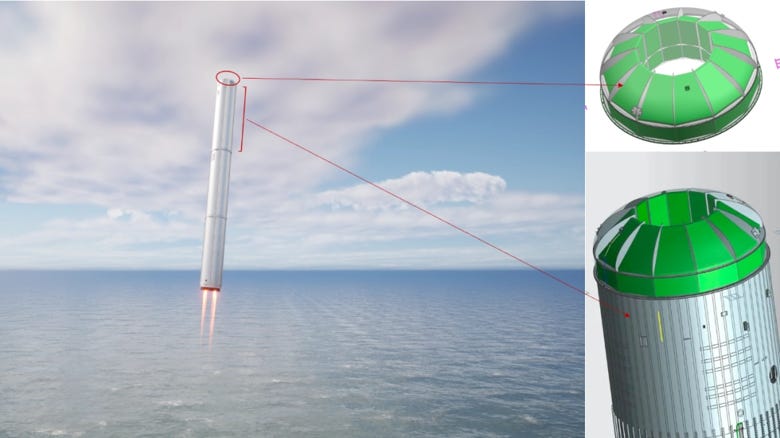 Space Epoch's rocket booster with a proposed cargo section highlighted in green.
