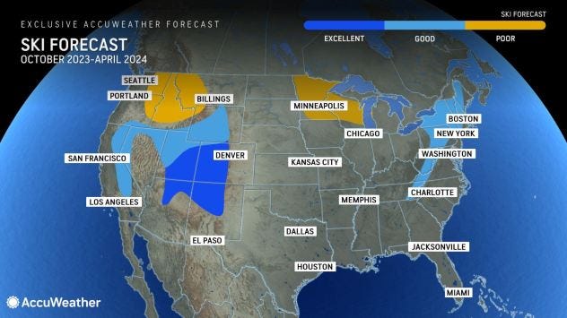 AccuWeather's ski forecast for the winter of 2023-2024 calls for an excellent season in parts of the Southwest. A good season is predicted for the Appalachians and higher elevations across much of the Northeast.