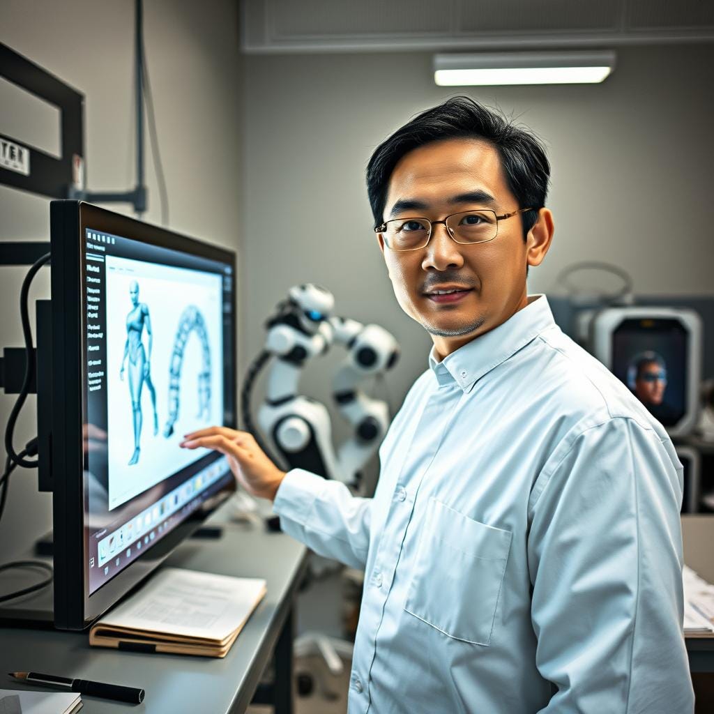 An Asian man in a lab coat stands next to a computer screen displaying a 3D model of a human body and teeth, with a robot in the background