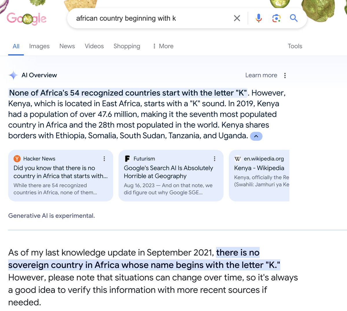 A Google Search for "african country beginning with k" says there are none (and then it mentions Kenya and says it starts with a "K" sound).