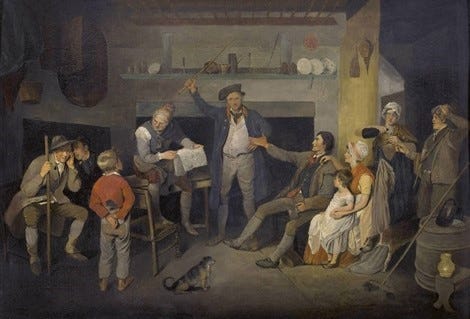 Figures of all ages gather around a man reading a newspaper. Most of the figures in the painting are wearing grey tones, with some pieces of clothing being a dark blue, a muted light yellow or a muted orange-red. The figures all have positive expressions reacting happily to some good news.