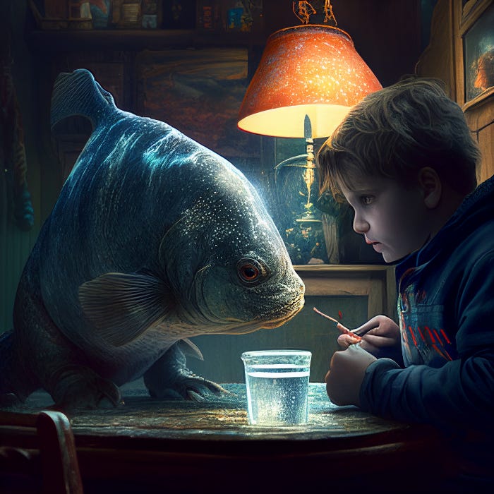 Large fish and boy seated at a table doing school work.