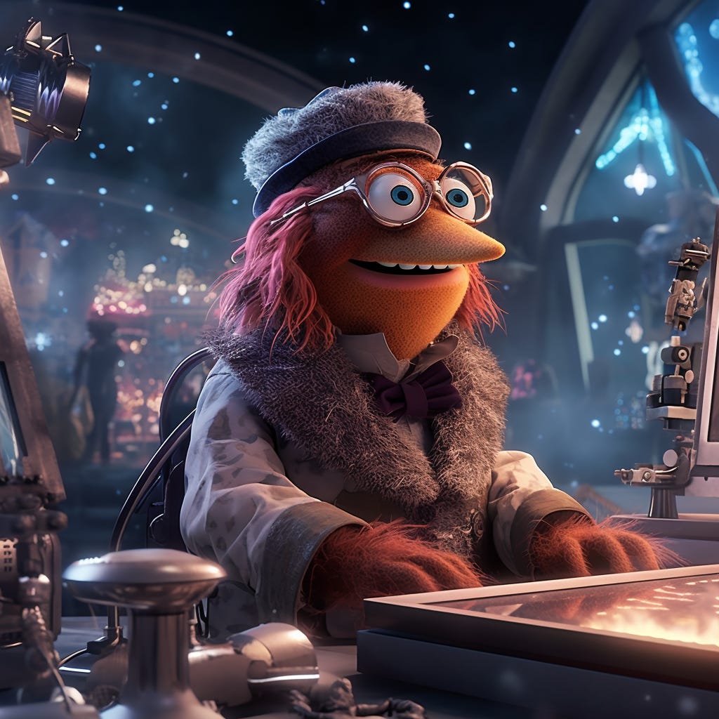 A muppet with a pointy nose and Victorian era clothing sits in a tech lab with a bright light shining on its face. The background is blurry christmas lights