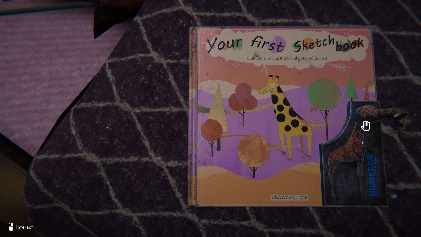 A screenshot of the game Reveil, showing a child's sketch book with a lock and key shaped like a giraffe.