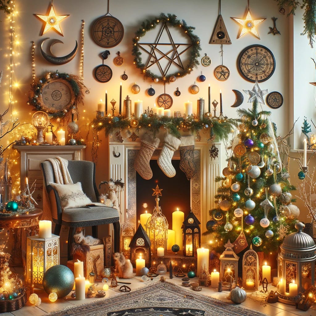 Enchanting holiday setup with a Yule tree decorated with witchy ornaments, including pentacles and crystals, surrounded by glowing candles and mystical wall decor.