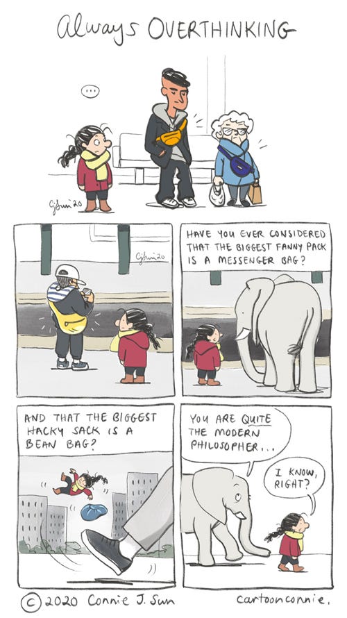 always overthinking, elephant comic comics, cartoon, illustration, nyc, subway, street fashion, connie sun, cartoonconnie, elephant comic