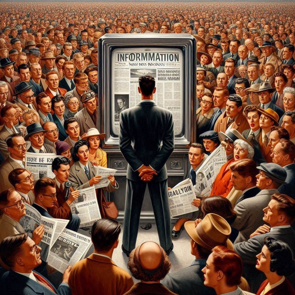 Crowd of people looking into an information mirror of the world Norman Rockwell style