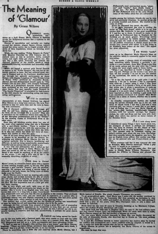 newspaper clipping with the title "The Meaning of Glamour" with a full-length photo of Merle Oberon