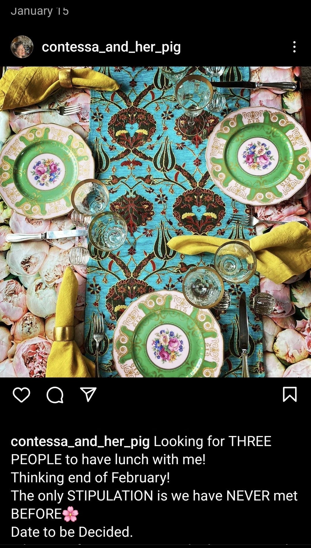 screenshot of a social media post with a beautiful photo of an eclectic table setting