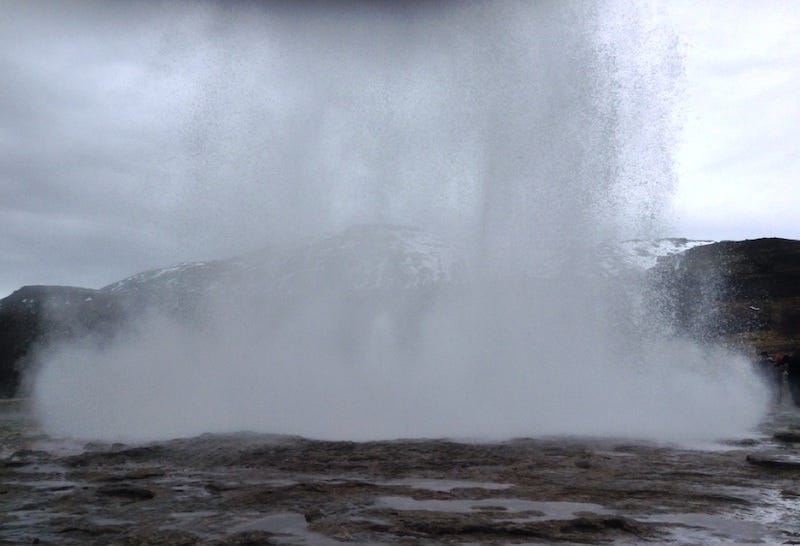 A wide spread of spray as water explodes upwards