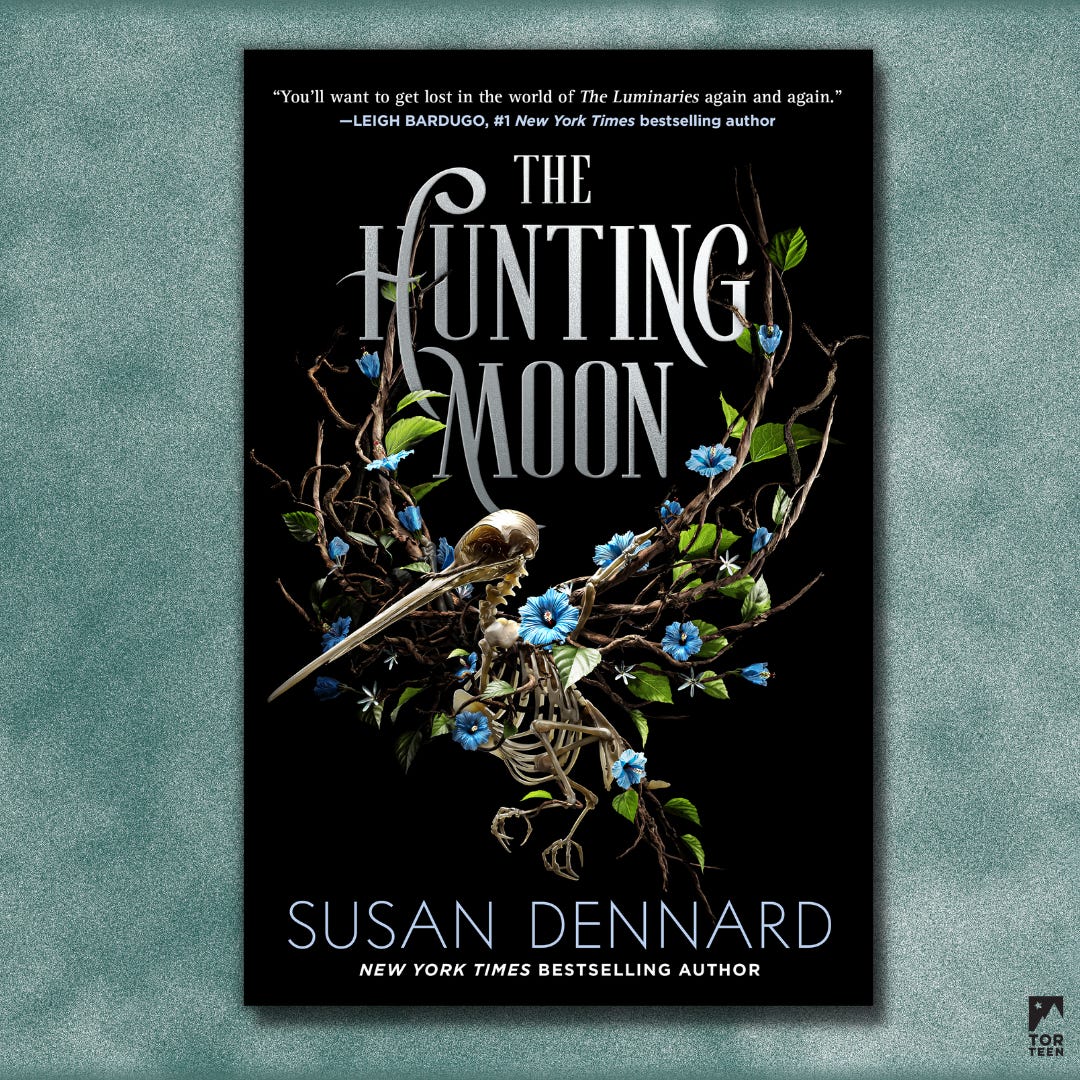 A smaller image of The Hunting Moon cover with a skeletal humming bird whose wings are made of branches with blue flowers