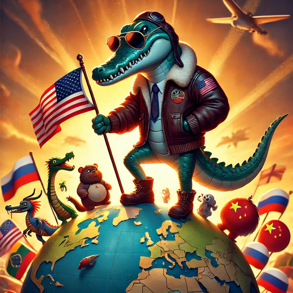 A small, determined anthropomorphic gator wearing an aviator jacket and sunglasses, standing atop a globe. The gator is planting a miniature American flag on the globe, while around it, tiny symbolic representations of other countries (a dragon for China, a bear for Russia, etc.) are jostling for space. The background features a dramatic sunrise, symbolizing a new era, with a mix of humor and gravitas in a Pixar-Disney style animation. The scene is dynamic and colorful.