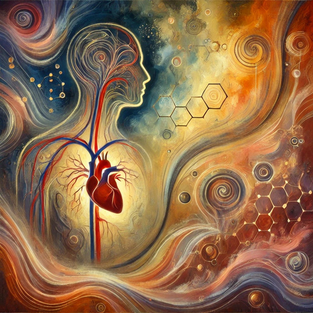 A beautiful oil painting that captures themes of adrenal fatigue, metabolic mapping, rate-limiting factors, and heart rate variability. The image should evoke a sense of the human body’s internal systems at work, with subtle depictions of energy flow, stress, and recovery. Abstract yet organic shapes symbolize the intricate balance of metabolism, the interplay of the heart and nervous system, and the energy shifts caused by stress and fatigue. Soft, flowing lines merge into more structured, intricate pathways, representing the mapping of metabolic processes. Warm, calming tones transition into cooler, more vibrant shades, reflecting both exhaustion and the potential for recovery.