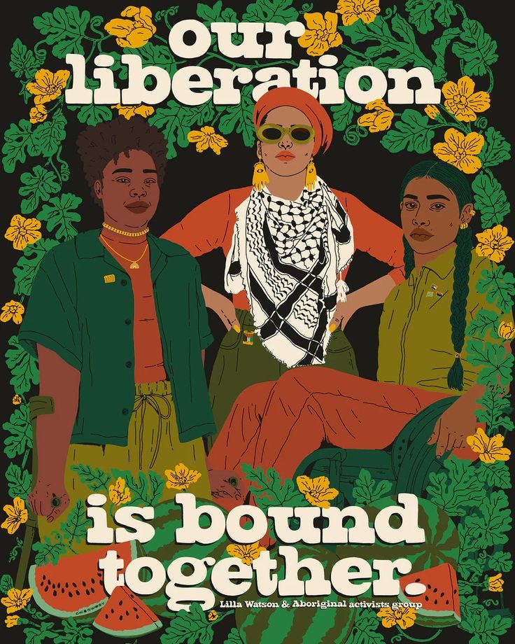 This may contain: the poster for our liberation is bound together, featuring two women sitting in front of watermelon