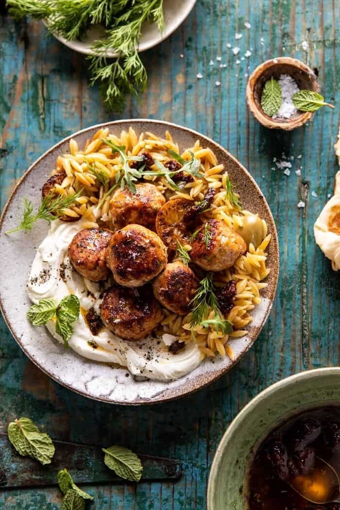 overhead photo of One Skillet Greek Meatballs and Lemon Butter Orzo 