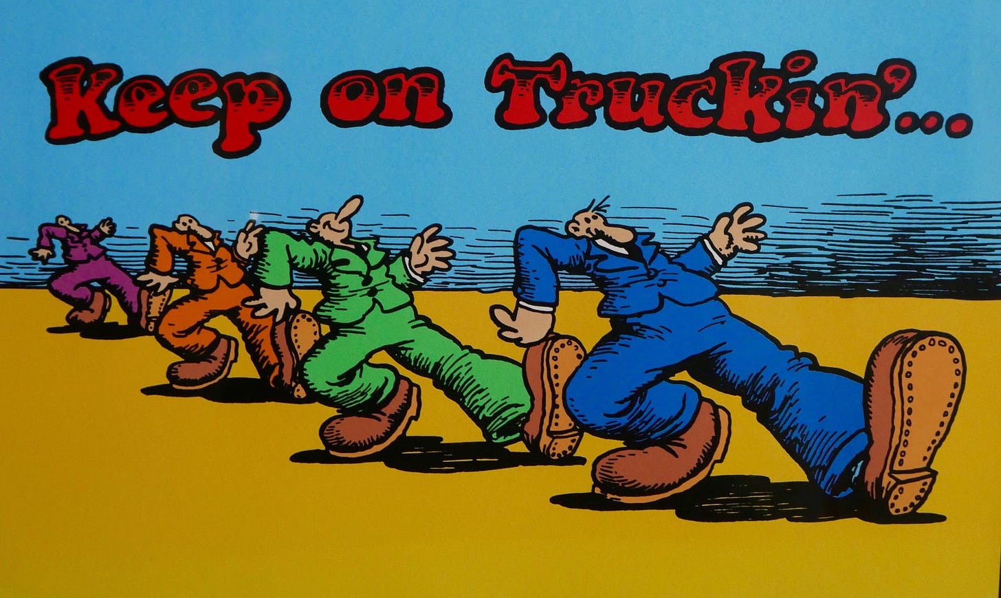 A drawing by R. Crumb entitled "Keep On Truckin'"