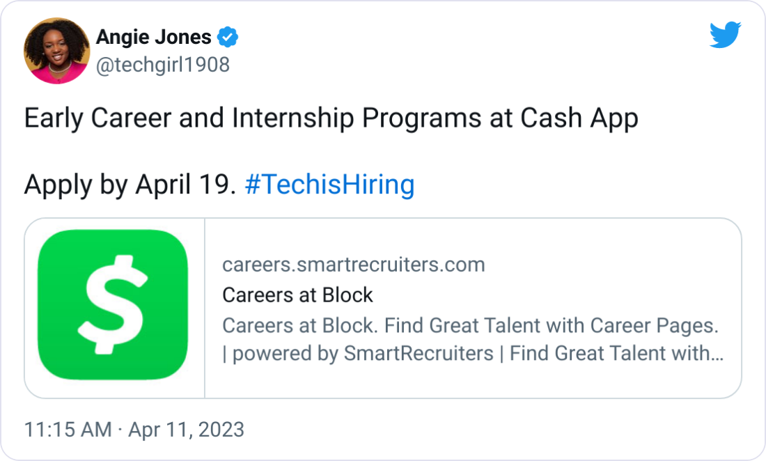 Early Career and Internship Programs at Cash App  Apply by April 19. #TechisHiring
