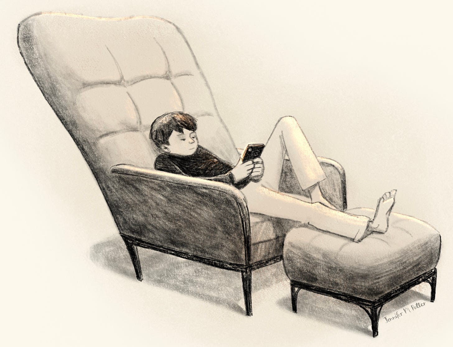 Illustration by Jennifer M Potter of a tween boy sitting on a comfy chair and looking at his phone