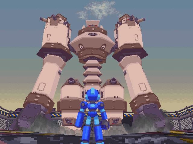A screenshot from a late-game boss fight, showing Mega Man Volnutt, helmet on, staring up at a massive mech intent on destroying him.