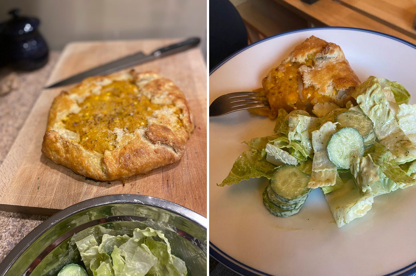 Left image: the squash galette on a wooden cutting board next to a large chef's knife. The crust is browned and the filling is dusted with black pepper. In the foreground, a metal bowl of salad is just visible. Right image: a dinner plate with a slice of the galette with a fork resting on it, and a pile of the salad— romaine and cucumbers in green goddess dressing.