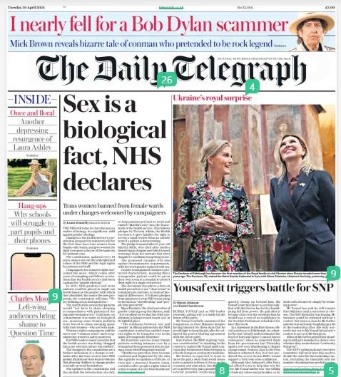 Sex is a biological fact, NHS declares Trans women banned from female wards under changes welcomed by campaigners The Daily Telegraph30 Apr 2024By Laura Donnelly HEALTH EDITOR THE NHS will today declare that sex is a matter of biology, in a significant shift against gender ideology.  Changes to the health service’s constitution proposed by ministers will for the first time ban trans women from female-only wards, and give women the right to request a doctor of the same sex for intimate care.  The constitution, updated every 10 years, aims to set out the principles and values of the NHS and the legal rights for patients and staff.  Campaigners for women’s rights welcomed the move, which comes after years of wrangling and follows accusations that the health service had been captured by “gender ideology”.  In 2021, NHS guidance said trans patients could be placed in single-sex wards based on the gender with which they identified. But under the new proposals, the constitution will state: “We are defining sex as biological sex.”  The clarification means that patients would “not have to share sleeping accommodation with patients of the opposite biological sex”. Until now, no commitment was made to biological sex, meaning some female patients were forced to share sleeping space with trans women – who are born male.  Women’s rights campaigners said the move was “common sense” and recognition that women’s safety mattered.  But NHS leaders raised concerns that the health service was being “dragged into a pre-election culture wars debate”.  The changes to the constitution are a further indication of a change in attitudes after the Cass review into NHS gender identity services found evidence that allowing children to change gender was built on weak foundations.  The updates to the constitution will also include the introduction of a duty to help patients get back to work and embed “Martha’s rule” into the framework of the health service. This follows pledges by Victoria Atkins, the Health Secretary, to give families the right to access a rapid review from an outside team if a patient is deteriorating.  The pledge is named after 13-year-old Martha Mills, who died after medics missed signs of sepsis and failed to heed warnings from her parents that their daughter’s condition was getting worse.  The proposed changes will also update discrimination requirements, with the word gender replaced with sex.  Gender reassignment remains a protected characteristic, meaning that a transgender patient could be given their own room in a hospital to protect their right to a single-sex service.  The document also places a duty on health providers to use “clear terms” to communicate and take account of biological differences. It follows pledges from ministers to stop NHS trusts using terms such as “chestfeeding” and “peo- ple who give birth”.  Maya Forstater, the chief executive of gender-critical group Sex Matters, said: “It is excellent news that the NHS constitution is being revised to put ‘sex’ in its rightful place.  “The confusion between ‘sex’ and ‘gender’ in official policies like the NHS constitution is what has enabled women’s rights to be trampled over in the name of transgender identities.”  Ms Forstater said too many female patients seeking intimate care by a woman had been pressured into accepting a trans-identifying male instead.  “Healthcare providers have become confused and frightened by the idea that a gender recognition certificate, or even just a personal identity claim, overrides other people’s rights when it comes to same-sex care from healthcare  professionals,” she said. She added that the shift was “simply a return to common sense and an overdue recognition that women’s wellbeing and safety matter”.  Matthew Taylor, the chief executive of the NHS Confederation, which represents healthcare leaders, said its members would review the proposals in detail. However, he added: “What is absolutely clear at this stage is that a focus on high-quality care for all is maintained and that the NHS is not dragged into a pre-election culture wars debate. This is not where energies should be focused.”  Mr Taylor said staff worked hard to show fairness and compassion towards all patients. “In particular, groups of people, including trans and non-binary patients, continue to receive some of the worst health outcomes of any group in our society and NHS leaders and staff will want to do all they can to support these patients, as well as their trans and non-binary staff.”  The NHS constitution, a document outlining the rights of patients and staff, was last updated in 2015. It has to be updated at least every 10 years by the Secretary of State. The eight-week consultation will be the first stage of a review of the constitution.  For the first time, the constitution will set out an expectation that staff will provide help for patients to get back to work or to stay in employment. The shift follows a wider Government drive to reduce the welfare bill.  The proposed document will say work is “an important determinant of health” on individuals.  Article Name:Sex is a biological fact, NHS declares Publication:The Daily Telegraph Author:By Laura Donnelly HEALTH EDITOR Start Page:1 End Page:1