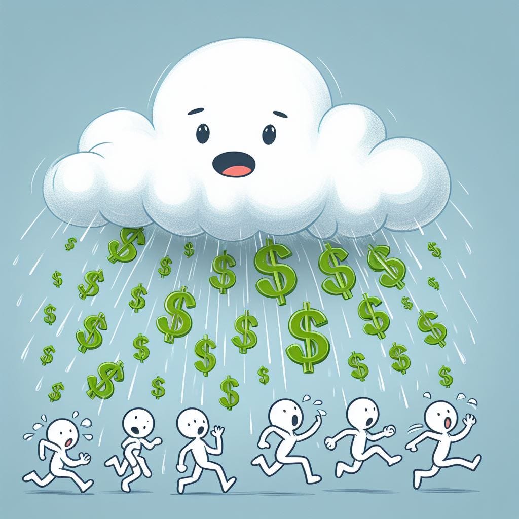 A cloud raining dollar bill symbols on top of the heads of tiny stick people running in a panic. It should be cartoonish in nature. The cloud should have a face.