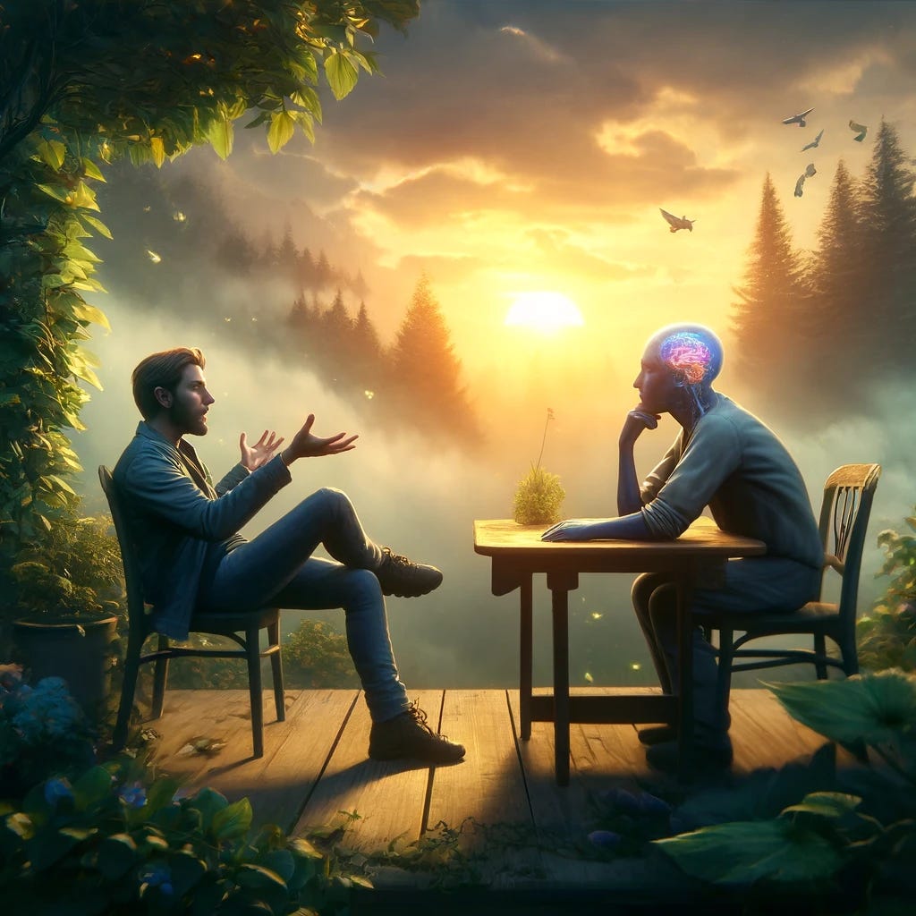 Create a striking and natural-looking image that visually represents the concept of 'You can feel when someone isn't being real with you. Energy never lies.' The scene should depict two people in a calm, outdoor setting, perhaps a serene garden. One person is talking, animatedly gesturing, while the other, with a thoughtful expression, seems to be sensing the inauthenticity of the speaker. The atmosphere should be tranquil but charged with a subtle tension, highlighting the contrast between spoken words and unspoken truths. The image should look realistic and not like it was generated by AI.