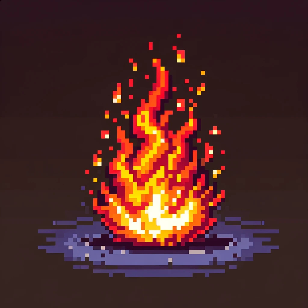 Pixel art representation of fire. The image should display vibrant flames in various shades of red, orange, and yellow, designed in a classic 8-bit style. The pixels are clearly visible, creating a retro video game aesthetic. The fire should have a dynamic appearance, with flickering flames and a sense of movement within the pixelated structure. The background is simple and dark to highlight the brightness and colors of the fire.