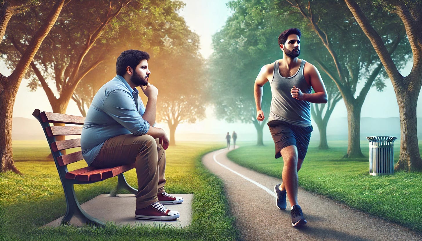 A subtle depiction of personal transformation in a serene outdoor park setting. On the left side of the image, a man who is slightly overweight is sitting on a park bench, thoughtfully looking at his future self. On the right side, the same man is jogging confidently along a trail, appearing fitter but not overly muscular. The scene blends gently from the park bench into the running path, representing progress. The setting is peaceful with trees, grass, and a soft afternoon light. The men should have medium brown skin, looking like they are of Indian or Latino descent. The atmosphere should feel motivating but natural, with a focus on personal growth rather than extremes.