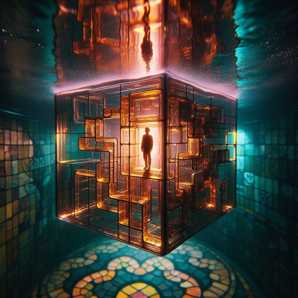 Hyper realistic;tilt shift;tiny person inside glass Rectangular Prism twisted.Neon in blacklight, glow in dark rectangular prism with tiny person merging Quatrefoil on wall:glass rectangle with person is surrounded water with tan Gothic Tracery: chartreus glowing decorative tiles.rectangle merges into the Hundertwasserhaus, Vienna, Austria: glass rectangle partly embedded in wall.framed by blacklights. Neon underwater. sunbeams shining through