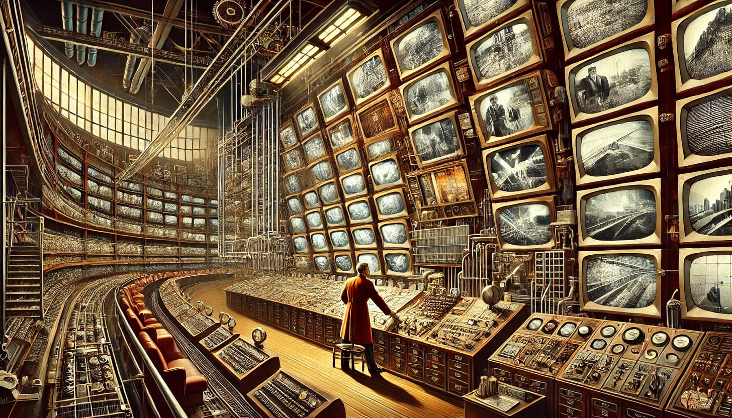 A widescreen image in the spirit of Soviet Realist art, showing a single central planner operating an immense, complicated economic machine now equipped with Orwellian-style viewscreens. The planner stands at a control station, attentively adjusting levers while glancing at multiple flickering screens integrated into the machine. These screens display cryptic economic data, surveillance footage, and distorted visuals of factories, farms, and transportation networks. The machine extends with gears, pipes, and control panels, emphasizing the complexity of central planning. The color palette uses deep reds, muted golds, and metallic grays, conveying ambition and unease. The composition highlights the tension between control and chaos, with the planner struggling to maintain order through constant monitoring. Shadows and lighting intensify the atmosphere, suggesting a blend of authority, paranoia, and technological overreach.