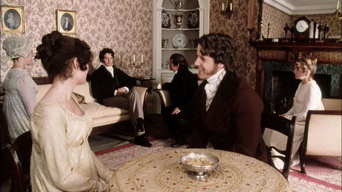 Pride and Prejudice characters gathered in the drawing room at Hunsford.