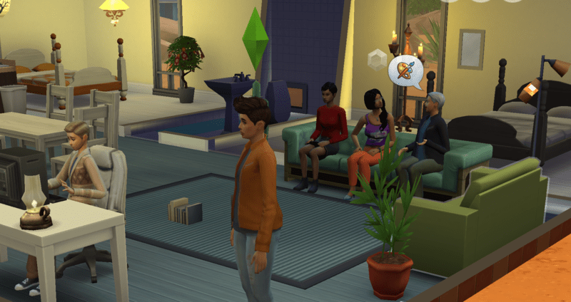 Five Sims in a living room chatting