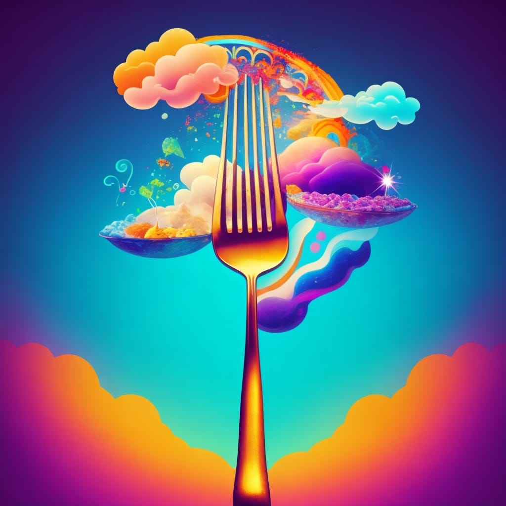 eat silence food happy dreamy fork clouds surreal psychedelic