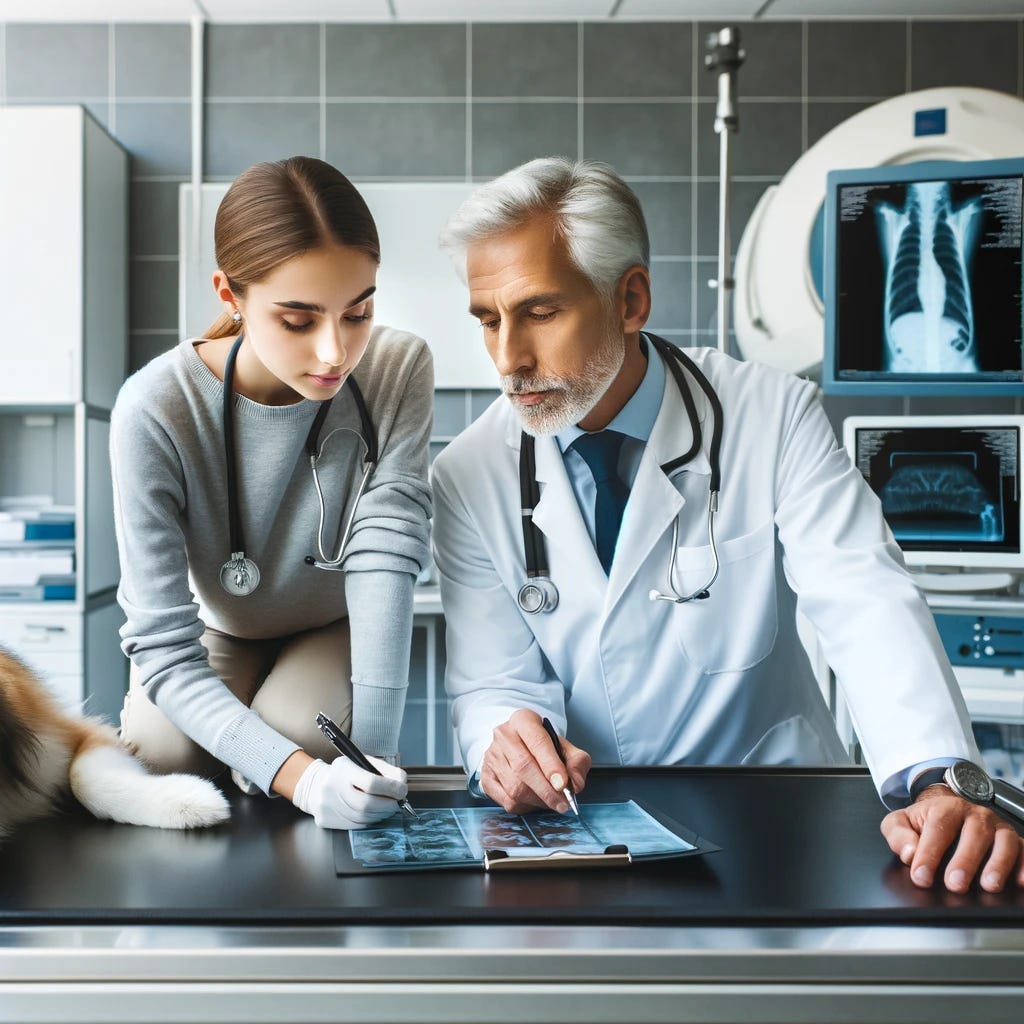 A young female veterinarian in a corporate animal hospital learning from an older male veterinarian. They are both examining a dog on a medical table, surrounded by modern veterinary equipment. The young veterinarian is taking notes while the older one is pointing out something important on an x-ray screen. The setting is bright and clean, reflecting a professional environment. They wear lab coats, and the hospital is equipped with various medical tools and machines, demonstrating a state-of-the-art veterinary clinic.