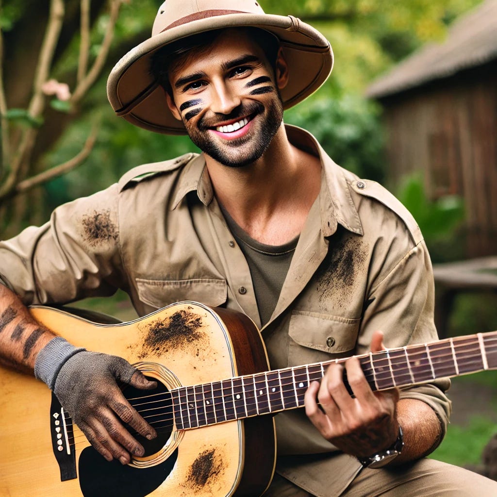 A man in a classic zookeeper outfit, wearing khaki shirt and pants, with a safari hat, playing an acoustic guitar. His clothes and face are smudged with dirt, as if he's been working outdoors all day. He appears relaxed and happy, with dirt on his hands and streaks on his shirt. The background shows a natural zoo environment with greenery around, giving a rustic, hardworking feel to the scene.