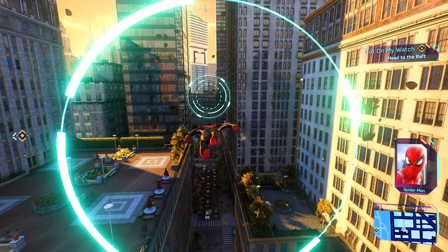 Spider-man flying through glowing rings