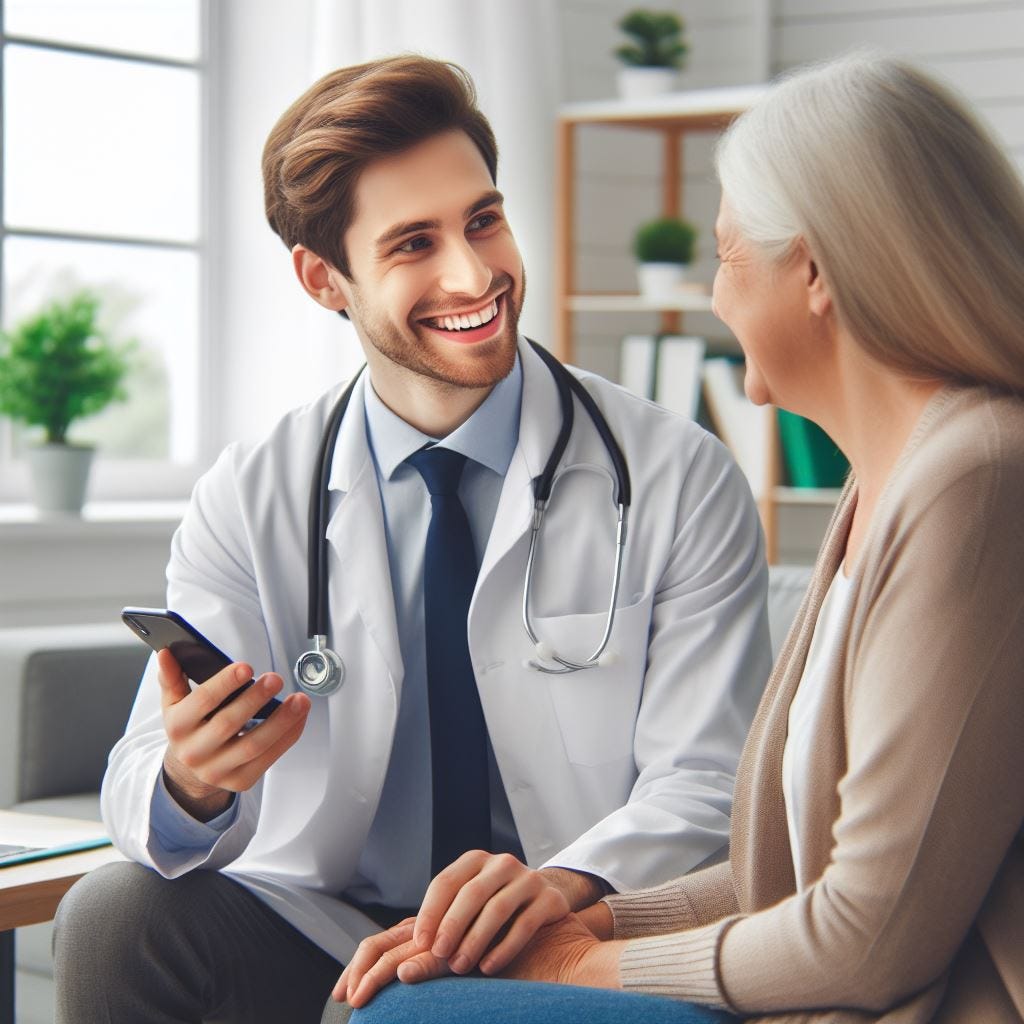 A primary care physician with their patient in a room, both smiling as they have a conversation and talk into a phone that is held out in front of the physician and patient