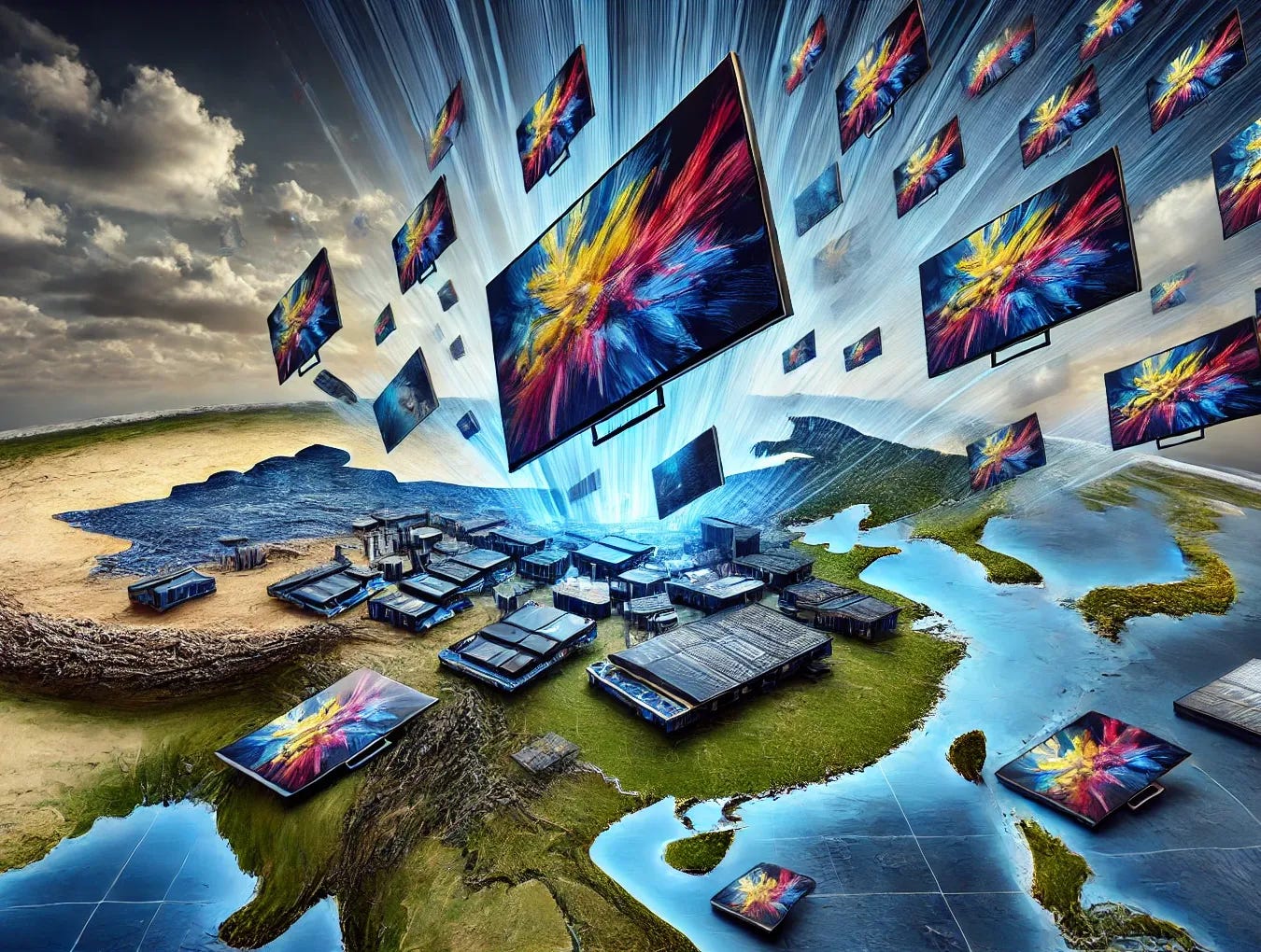 A surreal image showing OLED screens falling from the sky into a map of China. The OLED screens vary in size and display vibrant colors, depicting vivid images and sharp contrasts typical of high-quality OLED displays. The screens are scattered across a large, detailed map of China, with some screens partially embedded into the terrain. The background sky is a mix of deep blue and soft clouds, giving the scene a dreamlike atmosphere. The map of China is detailed, with clear borders and major cities subtly highlighted. The overall tone of the image is dynamic and visually striking.