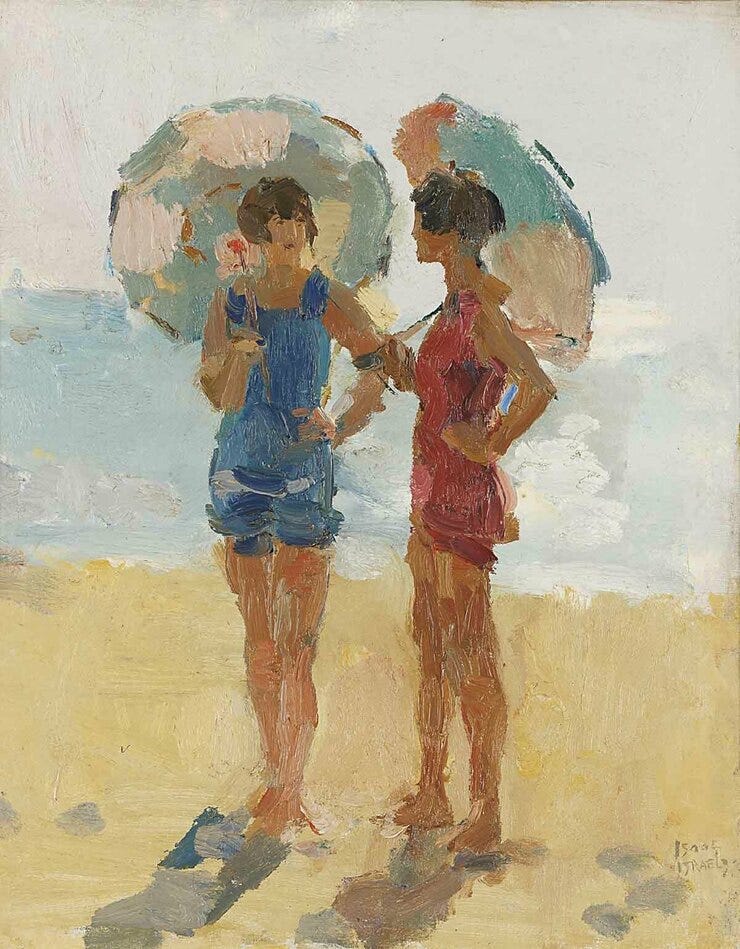 'Meisjes met parasol op het strand, Viareggio' - olieverf op doek: Isaac Israels (herkomst: voorm. coll. Simonis & Buunk Kunsthandel, Ede)