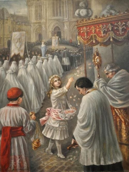 St. Therese of Lisieux strewing rose petals in the path of the Blessed Sacrament in a eucharistic procession