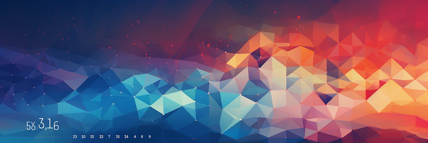 Panoramic abstract background of geometric shapes in shades of blue, purple, and orange, overlaid with faint numerical figures and data points, creating a vibrant mosaic effect.