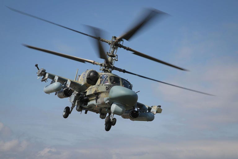 A Kamov Ka-52 Alligator helicopter during a military aviation competition in Russia's Krasnodar region on March 28, 2019. VITALY TIMKIV/AFP via Getty Images